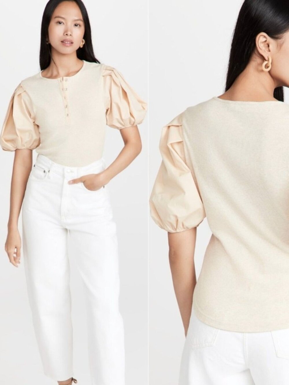 Ulla Johnson Kara Puff Sleeve Top Rib-Knit Cotton XS Henley